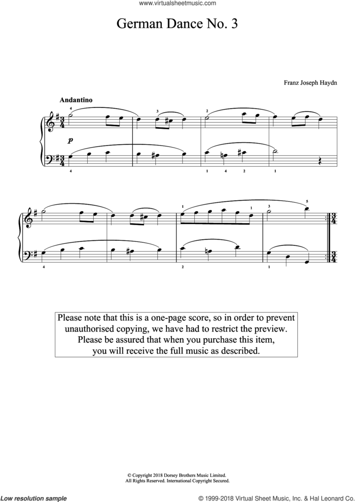 German Dance No. 3 sheet music for piano solo by Franz Joseph Haydn, classical score, intermediate skill level