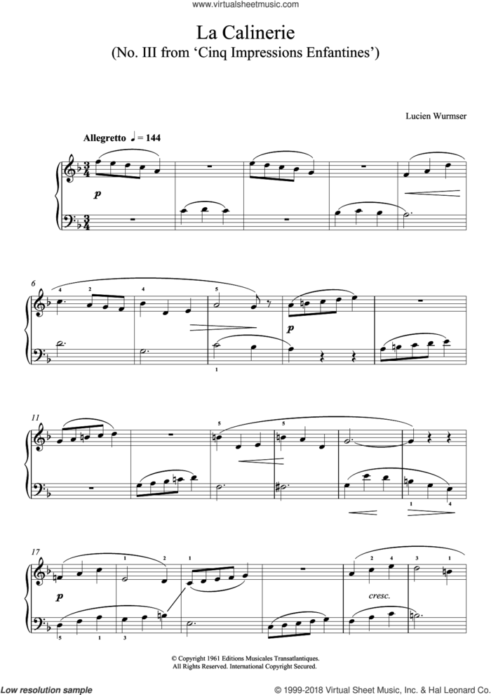 La Calinerie (No. III From 'Cinq Impressions Enfantines') sheet music for piano solo by Lucien Wurmser, classical score, intermediate skill level