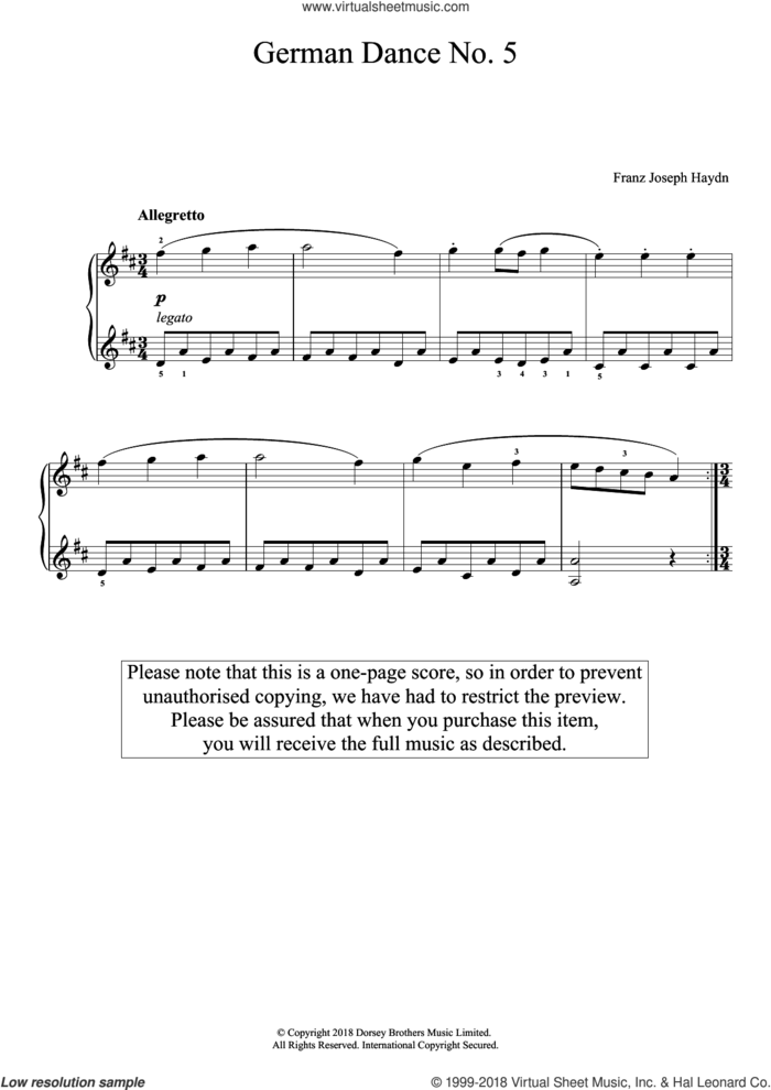 German Dance No. 5 sheet music for piano solo by Franz Joseph Haydn, classical score, intermediate skill level