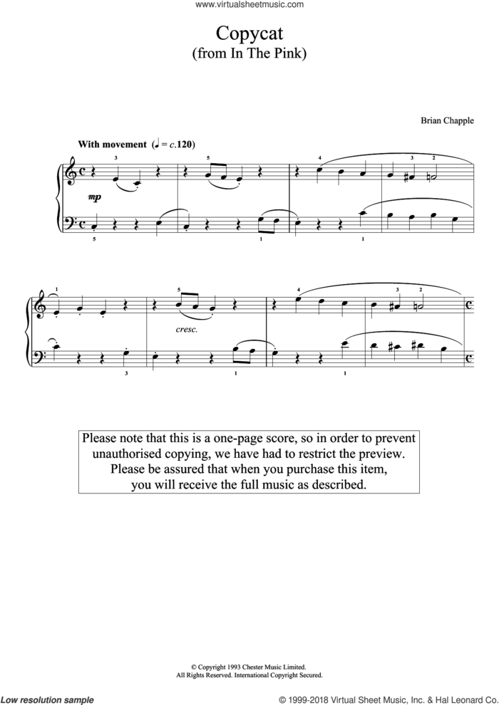 Copycat (from In The Pink) sheet music for piano solo by Brian Chapple, classical score, intermediate skill level