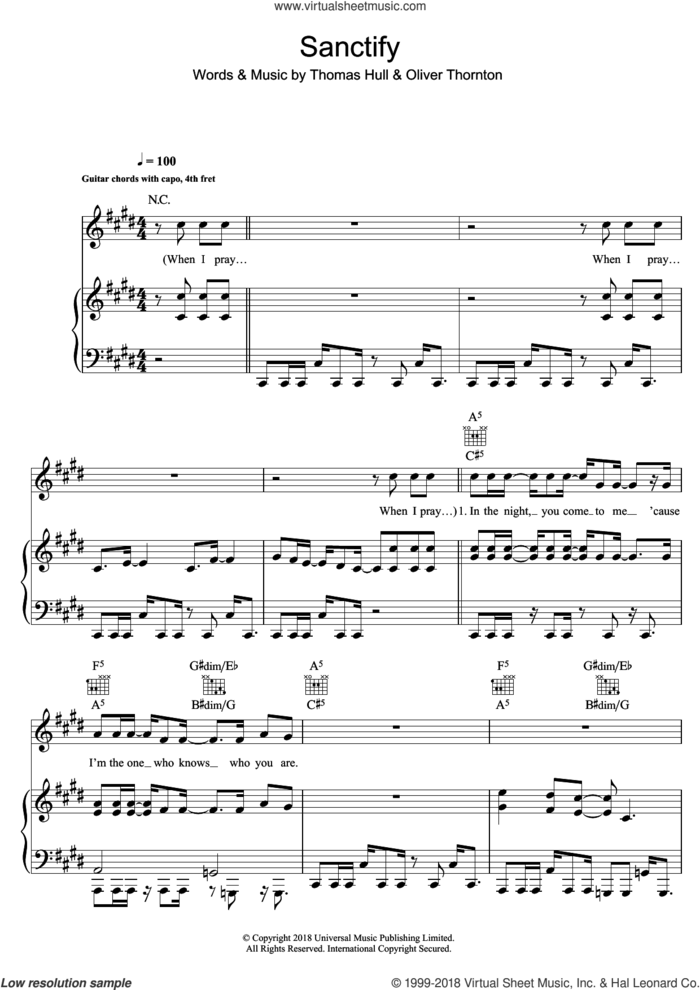 Sanctify sheet music for voice, piano or guitar by Years & Years, Oliver Thornton and Tom Hull, intermediate skill level