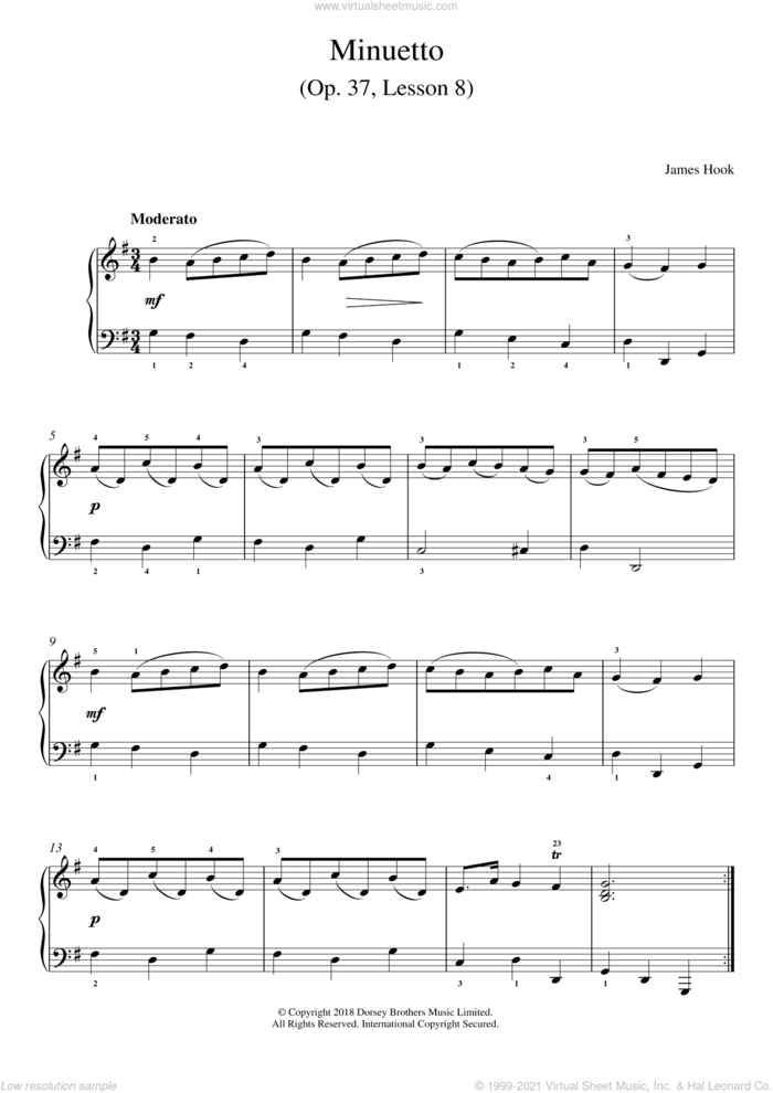 Minuetto Op. 37, Lesson 8 sheet music for piano solo by James Hook, classical score, intermediate skill level