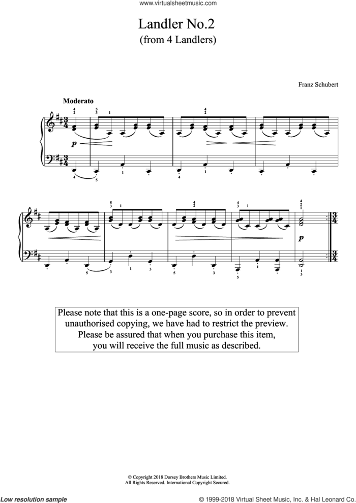 Landler No. 2 (from 'Four Landlers') sheet music for piano solo by Franz Schubert, classical score, intermediate skill level