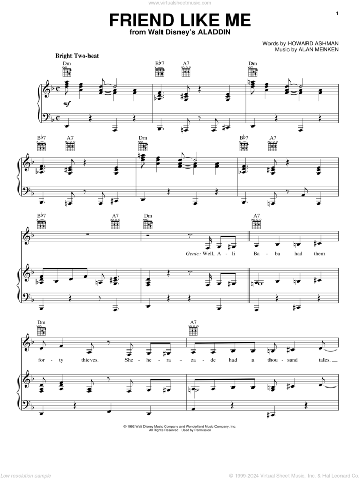 Friend Like Me (from Aladdin) sheet music for voice, piano or guitar by Alan Menken, Alan Menken & Howard Ashman and Howard Ashman, intermediate skill level