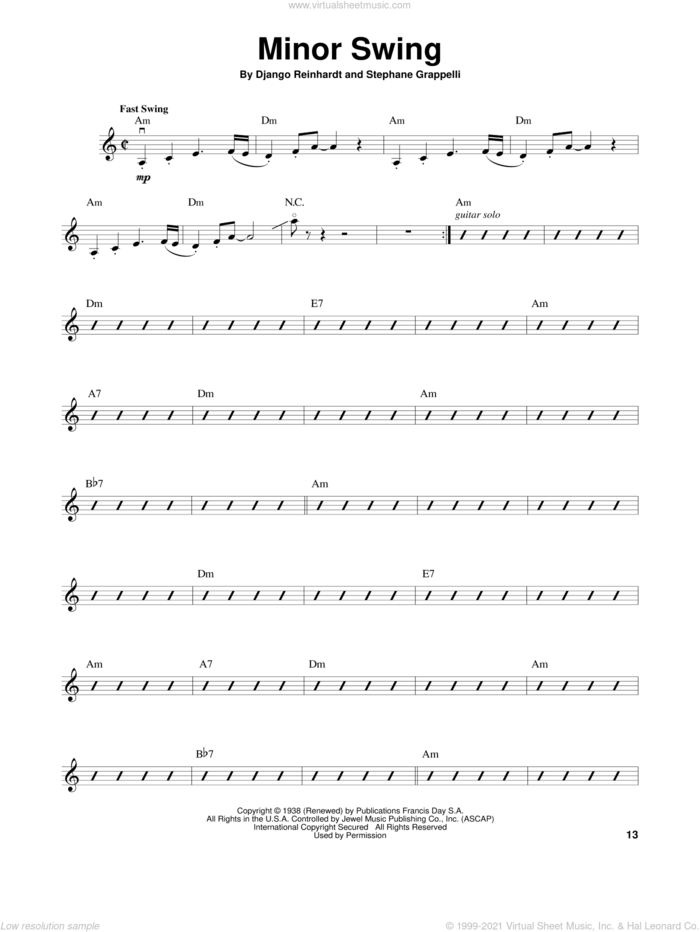 Minor Swing sheet music for violin solo by Stephane Grappelli and Django Reinhardt, classical score, intermediate skill level