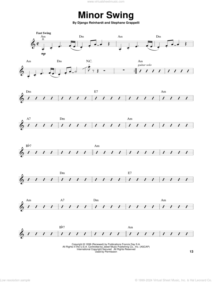 Minor Swing sheet music for violin solo by Stephane Grappelli and Django Reinhardt, classical score, intermediate skill level