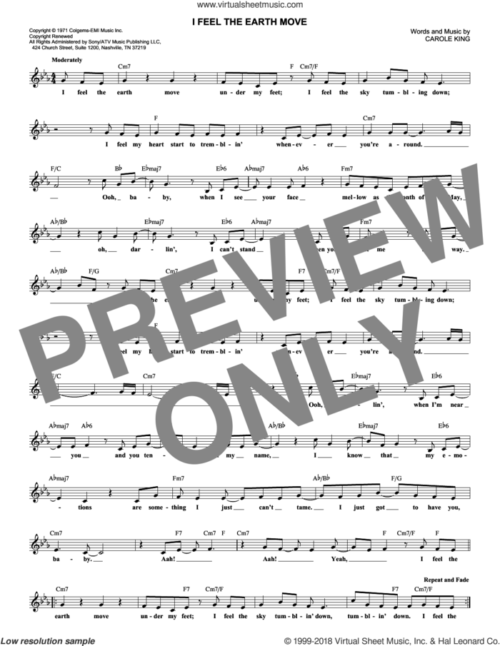 I Feel The Earth Move sheet music for voice and other instruments (fake book) by Carole King, intermediate skill level
