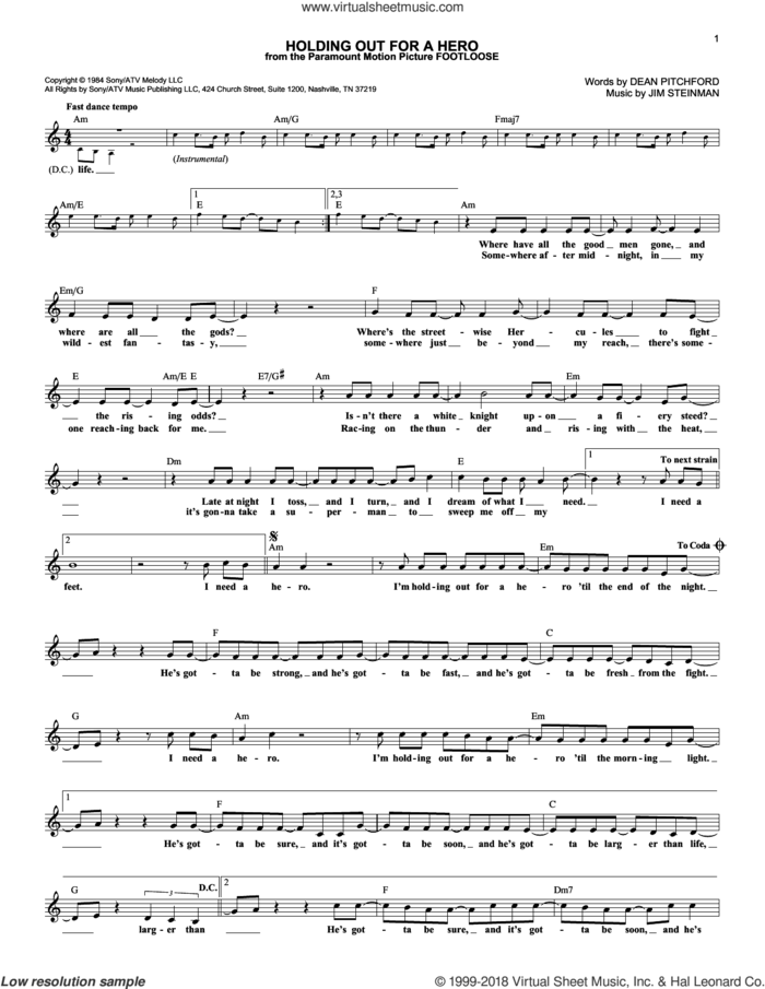 Holding Out For A Hero sheet music for voice and other instruments (fake book) by Bonnie Tyler, Dean Pitchford and Jim Steinman, intermediate skill level