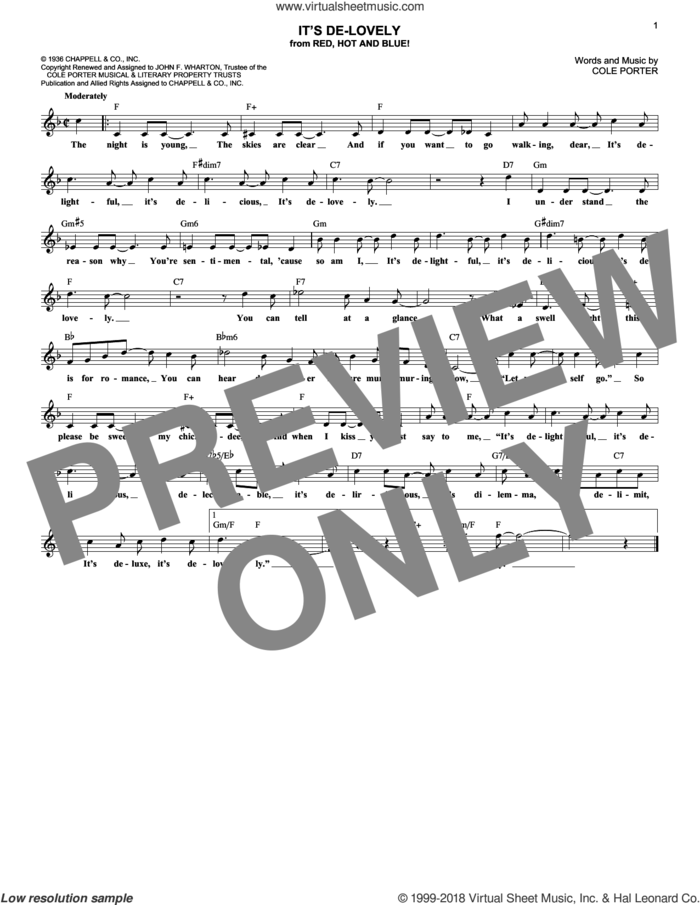 It's De-Lovely sheet music for voice and other instruments (fake book) by Cole Porter, intermediate skill level