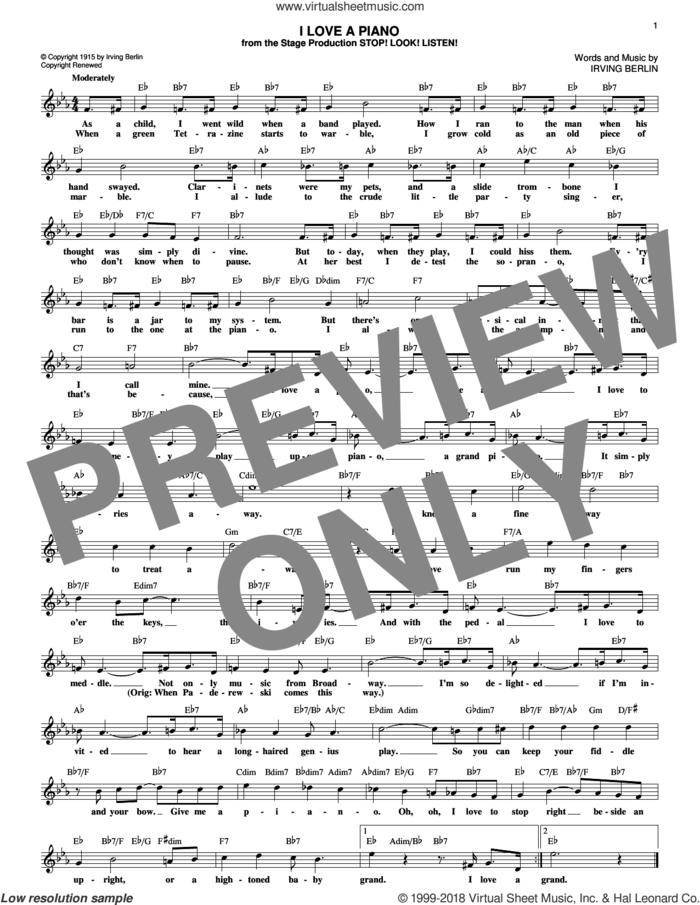 I Love A Piano sheet music for voice and other instruments (fake book) by Irving Berlin, intermediate skill level