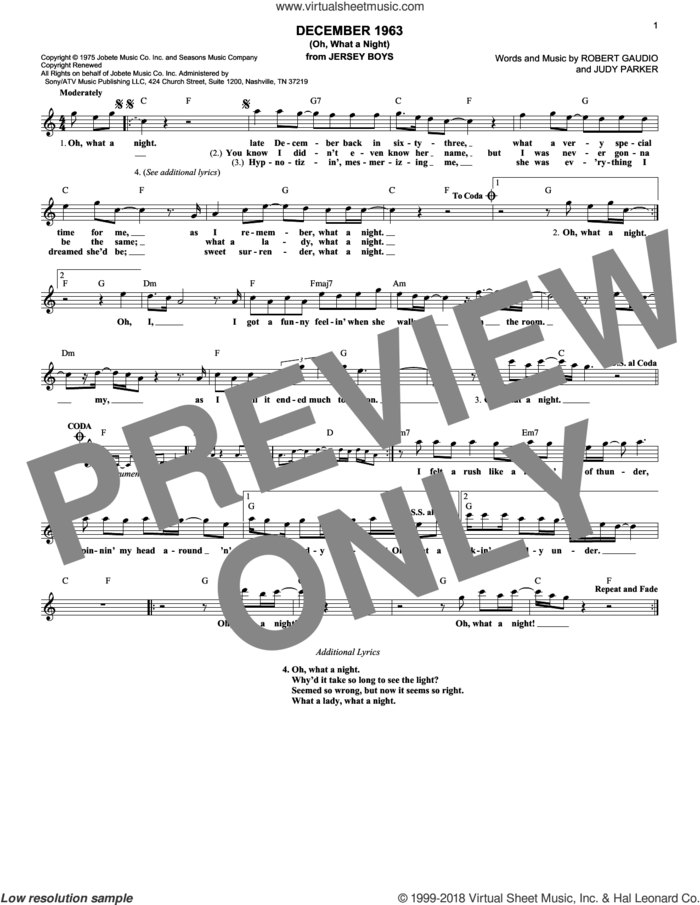 December 1963 (Oh, What A Night) sheet music for voice and other instruments (fake book) by The 4 Seasons, Bob Gaudio and Judy Parker, intermediate skill level