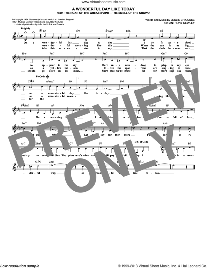 A Wonderful Day Like Today sheet music for voice and other instruments (fake book) by Leslie Bricusse and Anthony Newley, intermediate skill level