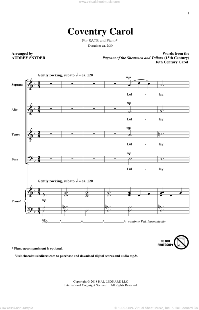 Coventry Carol sheet music for choir (SATB: soprano, alto, tenor, bass) by Audrey Snyder and 16th Century English Carol, intermediate skill level