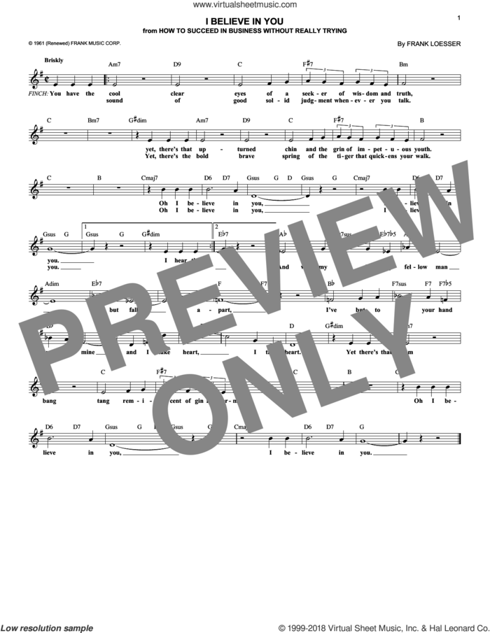 I Believe In You sheet music for voice and other instruments (fake book) by Frank Loesser, intermediate skill level