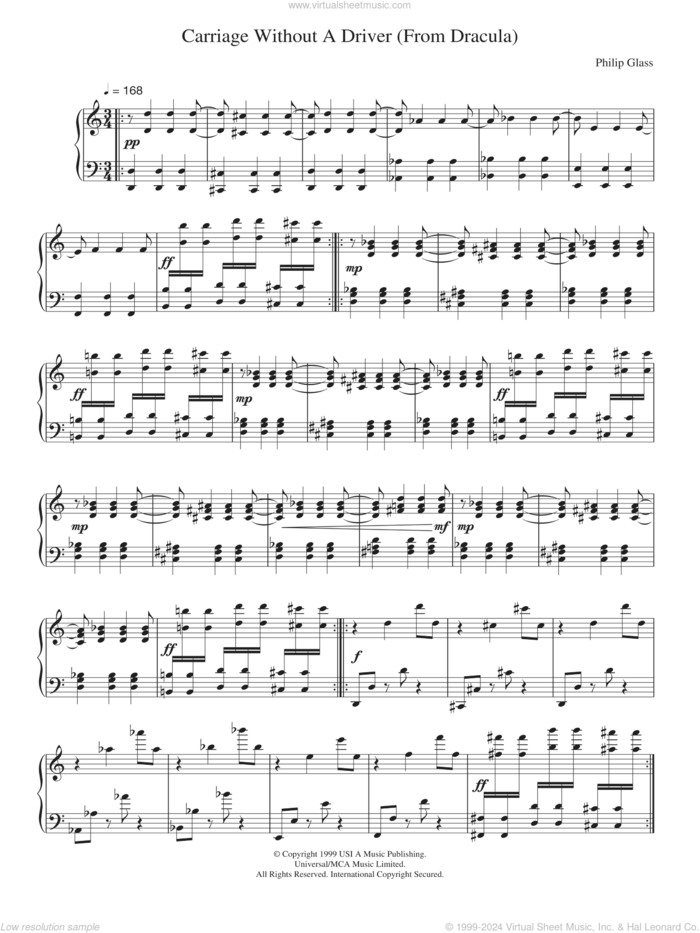 Carriage Without A Driver (from 'Dracula') sheet music for piano solo by Philip Glass, classical score, intermediate skill level