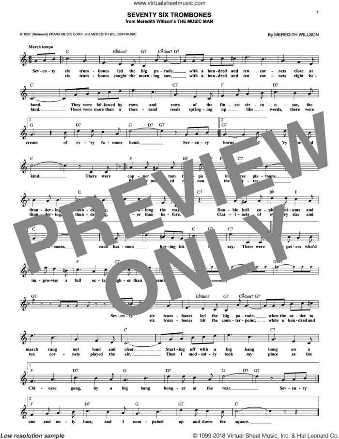 Seventy Six Trombones sheet music for voice and other instruments (fake book) by Meredith Willson, intermediate skill level