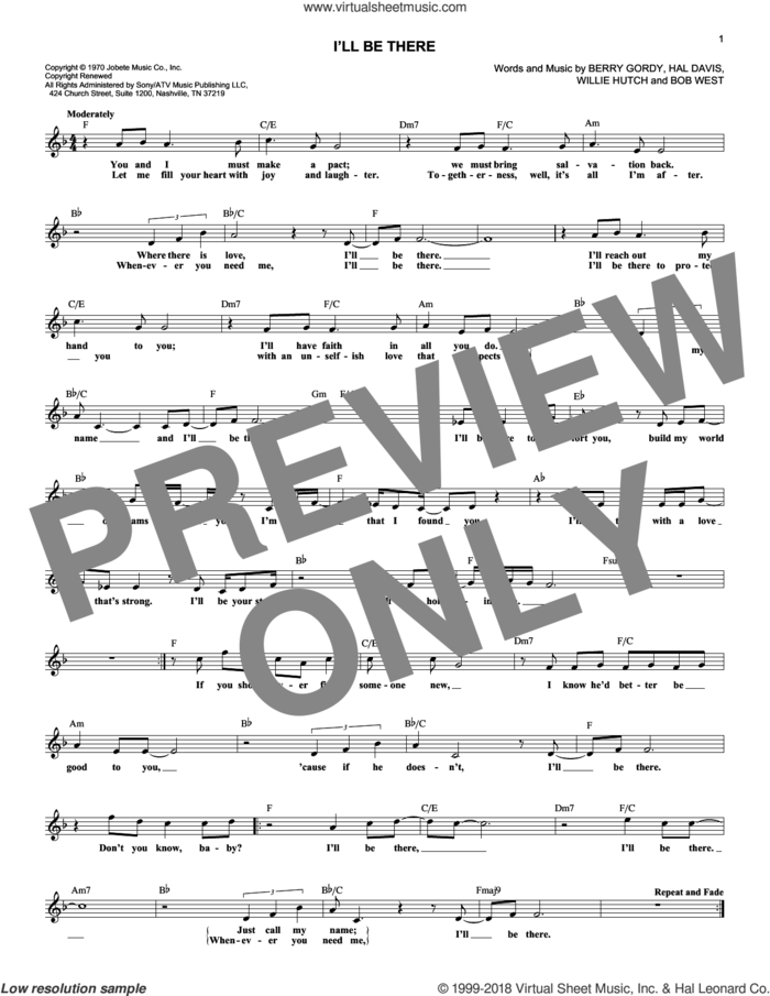 I'll Be There sheet music for voice and other instruments (fake book) by The Jackson 5, Mariah Carey, Berry Gordy Jr., Bob West, Hal Davis and Willie Hutch, intermediate skill level