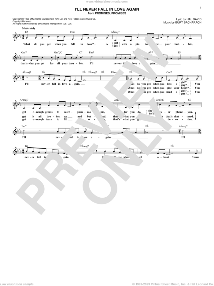 I'll Never Fall In Love Again sheet music for voice and other instruments (fake book) by Burt Bacharach, Dionne Warwick and Hal David, intermediate skill level