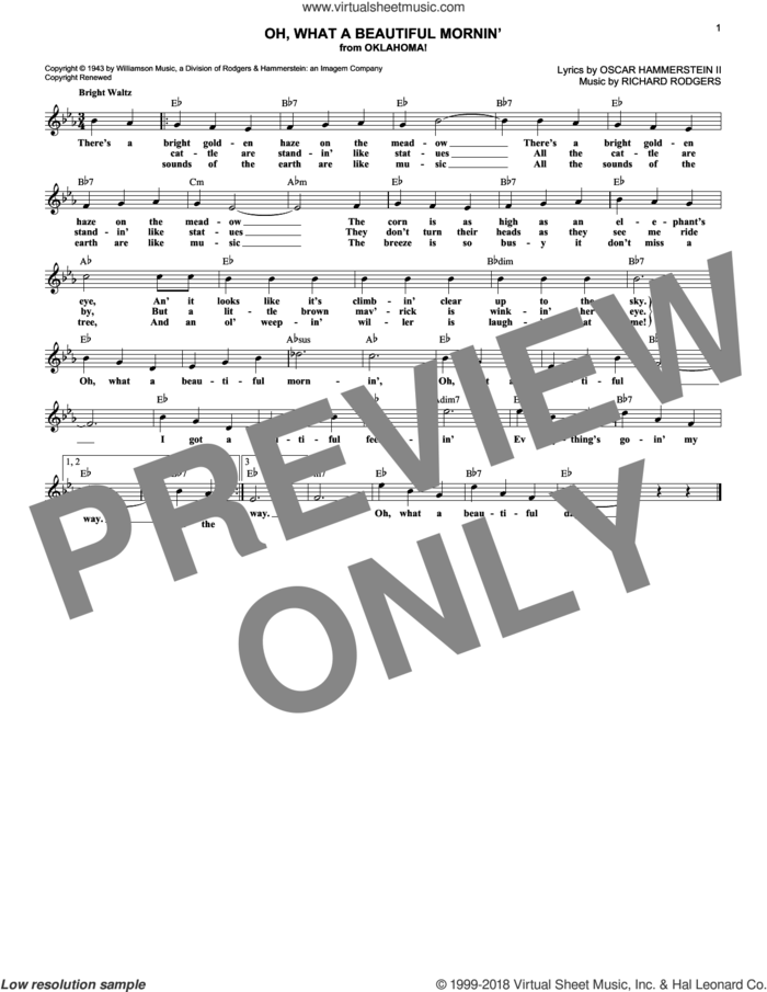 Oh, What A Beautiful Mornin' (from Oklahoma!) sheet music for voice and other instruments (fake book) by Rodgers & Hammerstein, Oscar II Hammerstein and Richard Rodgers, intermediate skill level