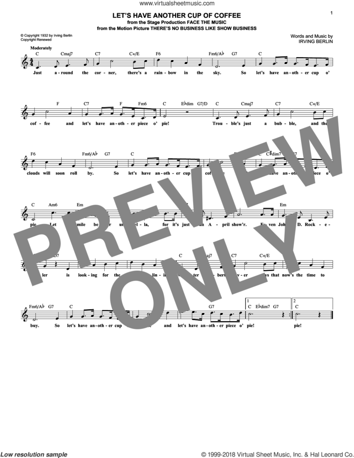 Let's Have Another Cup Of Coffee sheet music for voice and other instruments (fake book) by Irving Berlin, intermediate skill level