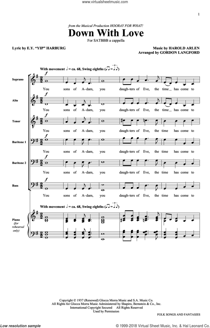 Down With Love sheet music for choir (SATB: soprano, alto, tenor, bass) by The King's Singers, E.Y. Harburg and Harold Arlen, intermediate skill level