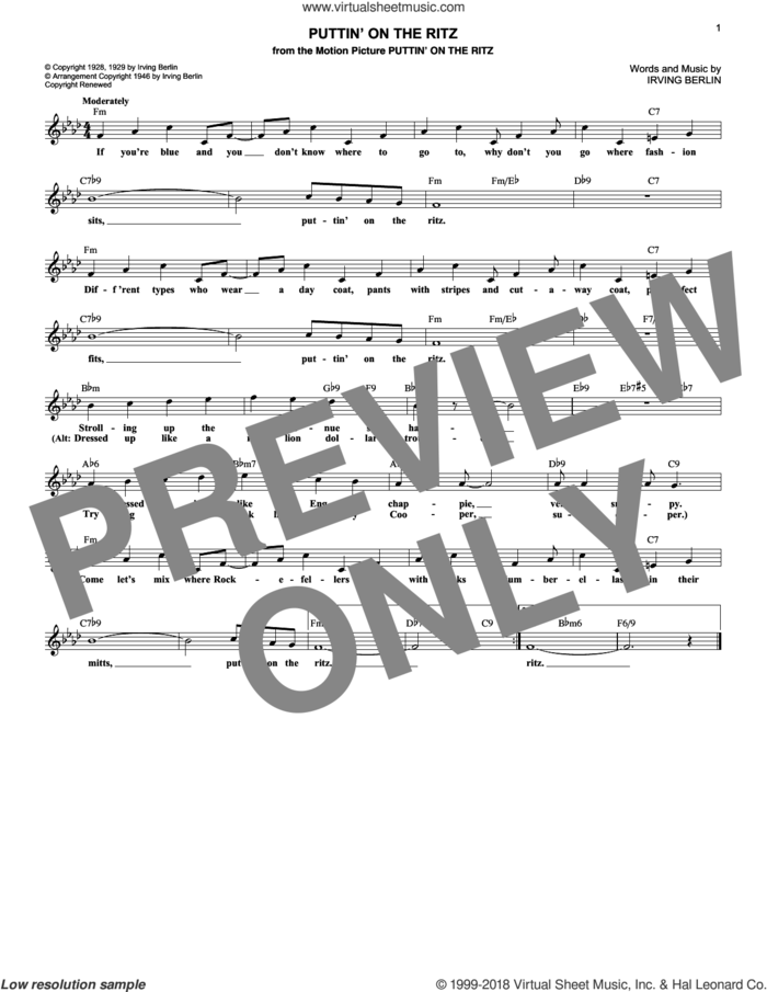 Puttin' On The Ritz sheet music for voice and other instruments (fake book) by Irving Berlin, intermediate skill level
