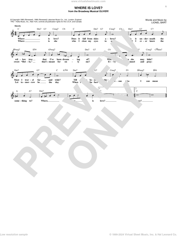 Where Is Love? sheet music for voice and other instruments (fake book) by Lionel Bart, intermediate skill level