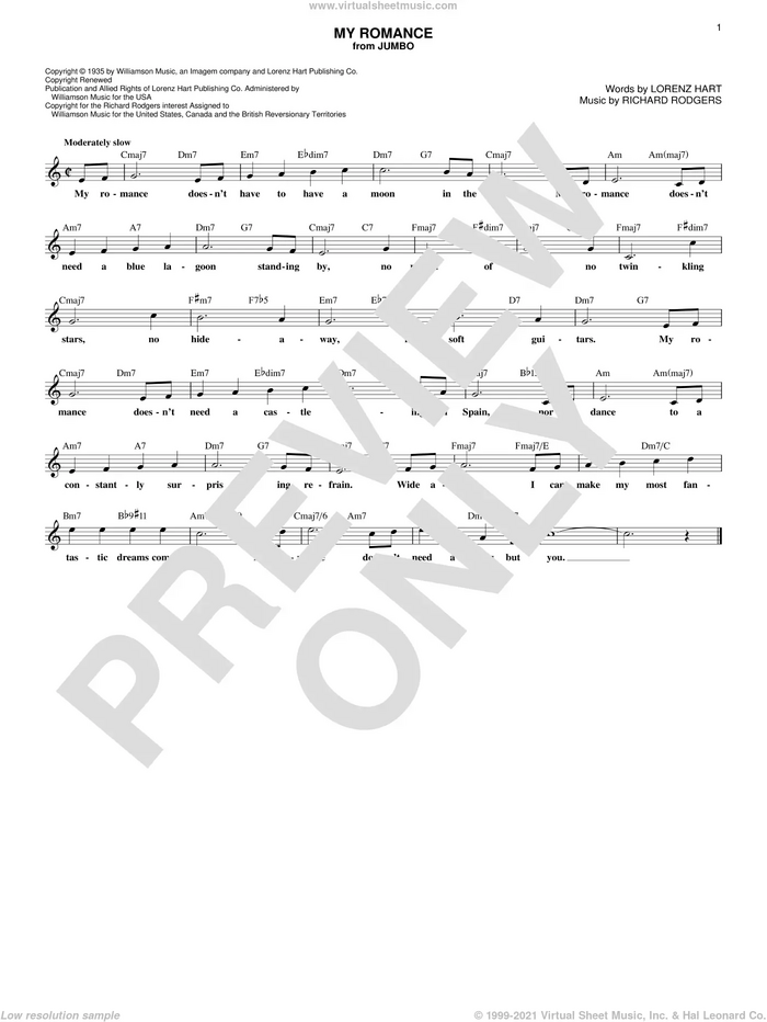 My Romance sheet music for voice and other instruments (fake book) by Rodgers & Hart, Lorenz Hart and Richard Rodgers, intermediate skill level