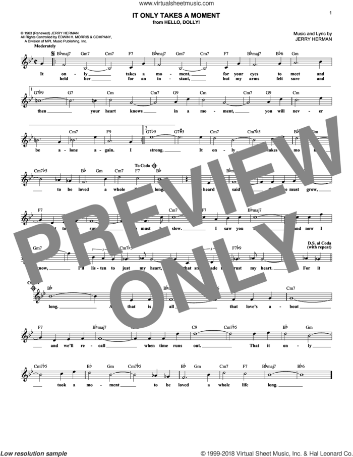 It Only Takes A Moment sheet music for voice and other instruments (fake book) by Jerry Herman, intermediate skill level
