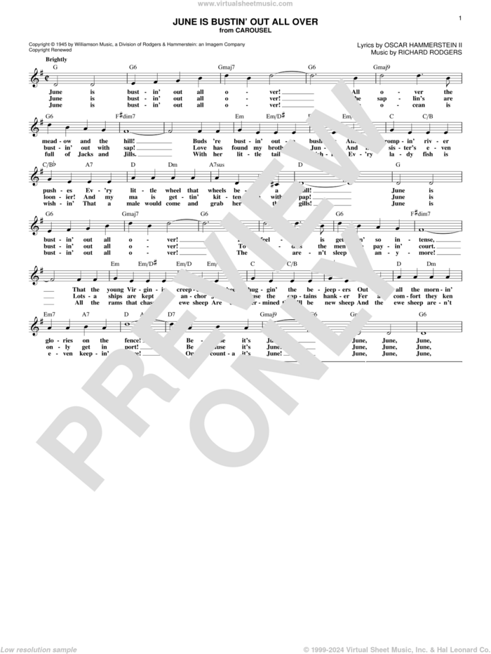 June Is Bustin' Out All Over sheet music for voice and other instruments (fake book) by Rodgers & Hammerstein, Oscar II Hammerstein and Richard Rodgers, intermediate skill level