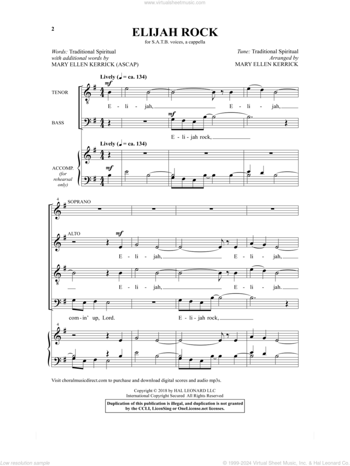 Elijah Rock sheet music for choir (SATB: soprano, alto, tenor, bass) by Mary Ellen Kerrick and Miscellaneous, intermediate skill level