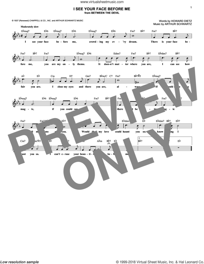 I See Your Face Before Me sheet music for voice and other instruments (fake book) by Arthur Schwartz and Howard Dietz, intermediate skill level