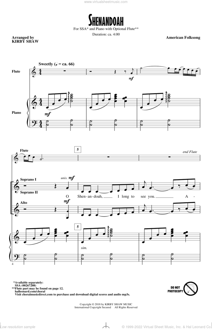 Shenandoah sheet music for choir (SSA: soprano, alto) by Kirby Shaw and American Folksong, intermediate skill level
