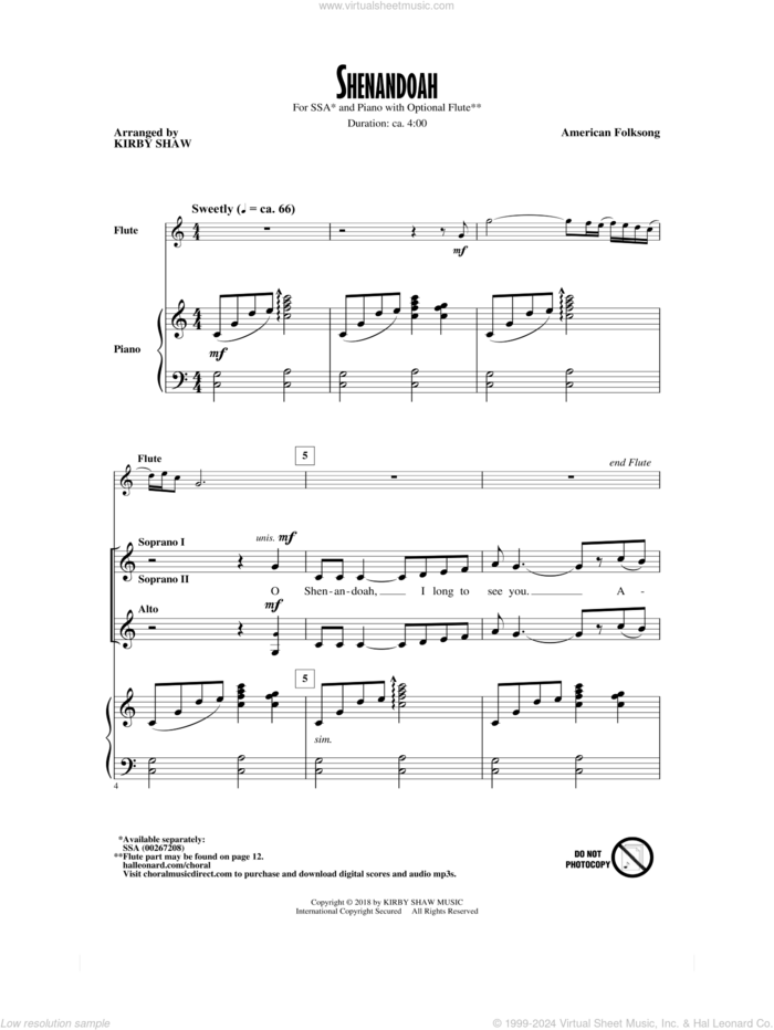 Shenandoah sheet music for choir (SSA: soprano, alto) by Kirby Shaw and American Folksong, intermediate skill level