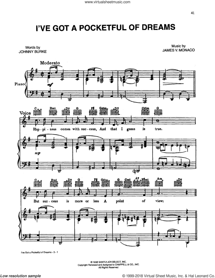 I've Got A Pocketful Of Dreams sheet music for voice, piano or guitar by John Burke and James Monaco, intermediate skill level