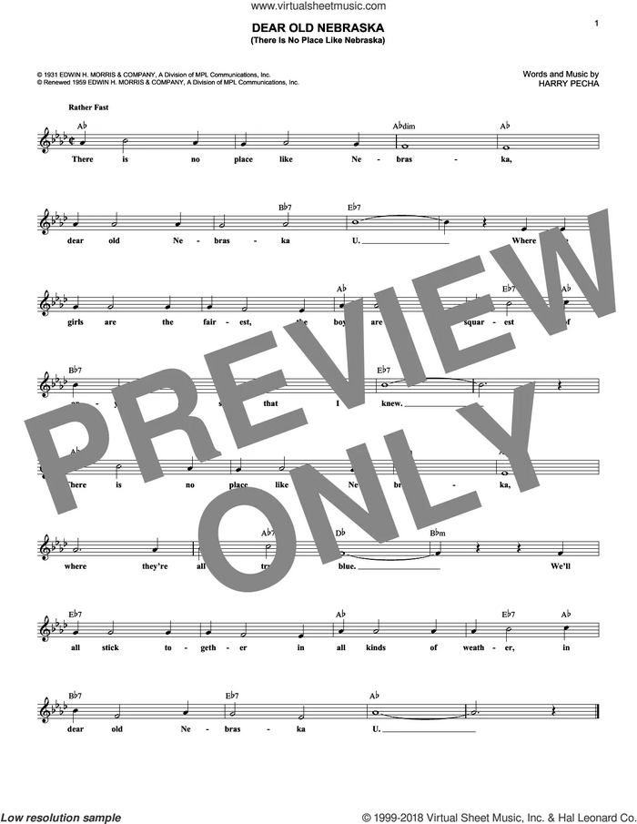 Dear Old Nebraska U. (There Is No Place Like Nebraska) sheet music for voice and other instruments (fake book) by Harry Pecha, intermediate skill level