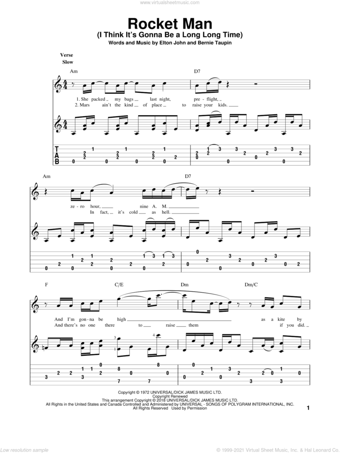 Rocket Man (I Think It's Gonna Be A Long Long Time) sheet music for guitar solo by Elton John and Bernie Taupin, intermediate skill level
