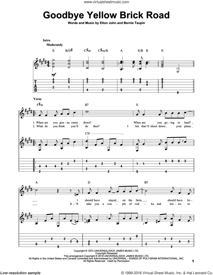Goodbye Yellow Brick Road, (intermediate) sheet music for guitar solo by Elton John and Bernie Taupin, intermediate skill level