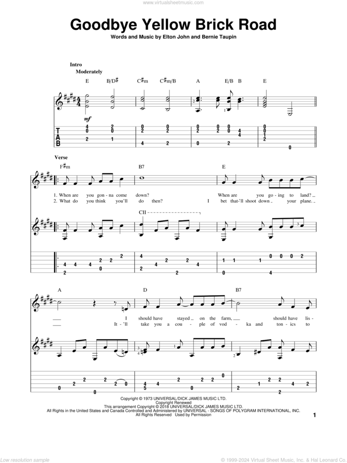 Goodbye Yellow Brick Road, (intermediate) sheet music for guitar solo by Elton John and Bernie Taupin, intermediate skill level