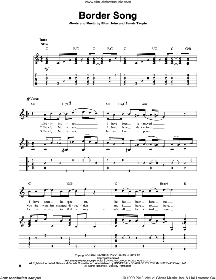 Border Song sheet music for guitar solo by Elton John and Bernie Taupin, intermediate skill level