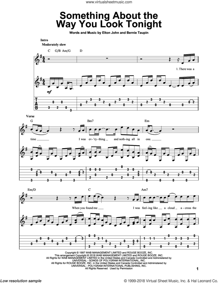 Something About The Way You Look Tonight sheet music for guitar solo by Elton John and Bernie Taupin, intermediate skill level