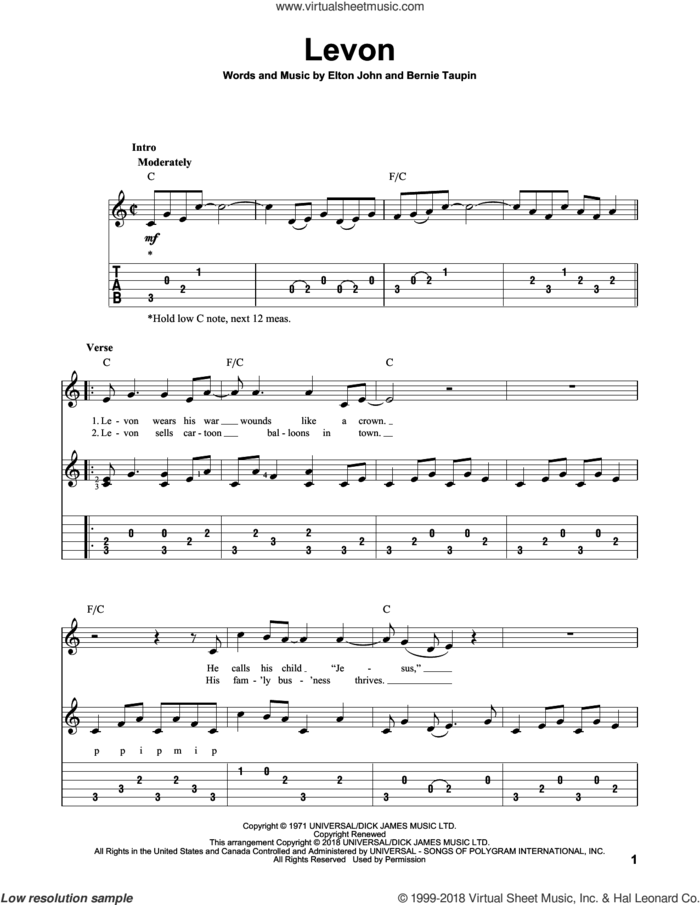 Levon sheet music for guitar solo by Elton John and Bernie Taupin, intermediate skill level