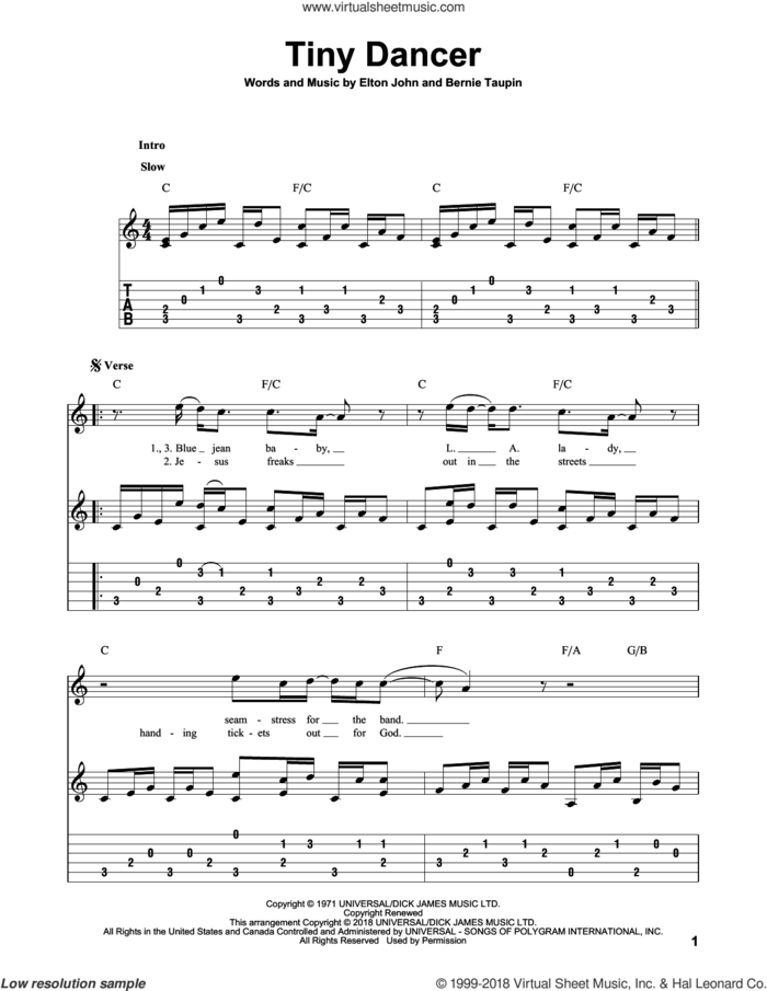Tiny Dancer sheet music for guitar solo by Elton John and Bernie Taupin, intermediate skill level