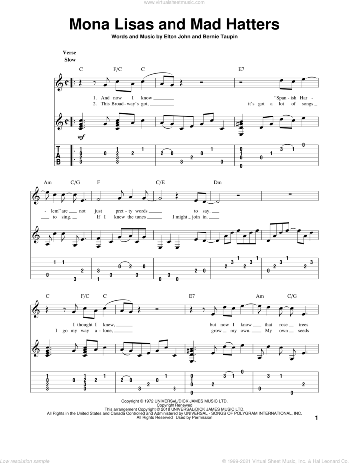 Mona Lisas And Mad Hatters sheet music for guitar solo by Elton John and Bernie Taupin, intermediate skill level