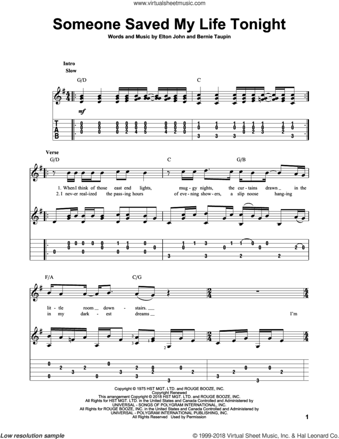 Someone Saved My Life Tonight sheet music for guitar solo by Elton John and Bernie Taupin, intermediate skill level