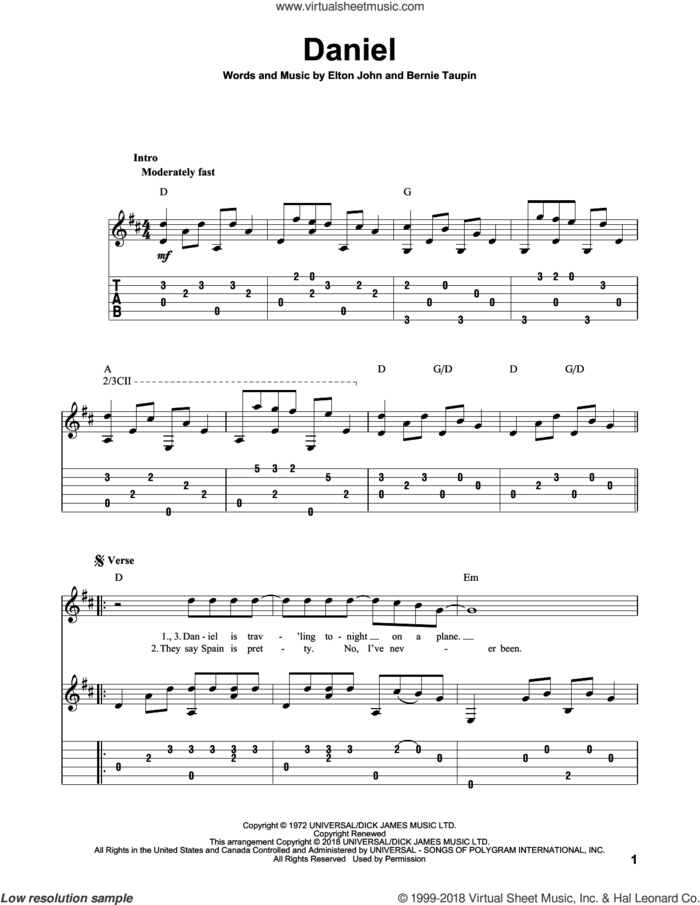 Daniel sheet music for guitar solo by Elton John and Bernie Taupin, intermediate skill level