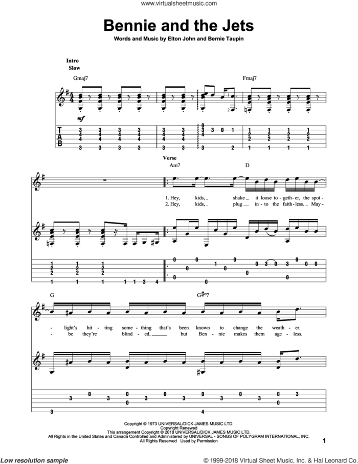 Bennie And The Jets sheet music for guitar solo by Elton John and Bernie Taupin, intermediate skill level