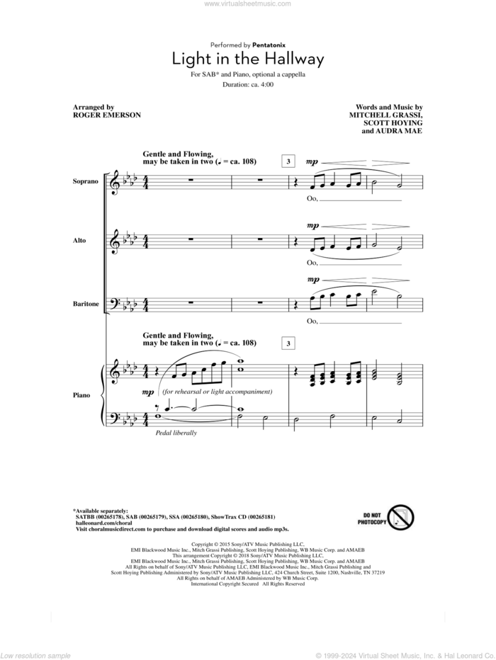 Light In The Hallway (arr. Roger Emerson) sheet music for choir (SAB: soprano, alto, bass) by Roger Emerson, Pentatonix, Audra Mae, Mitchell Grassi and Scott Hoying, intermediate skill level