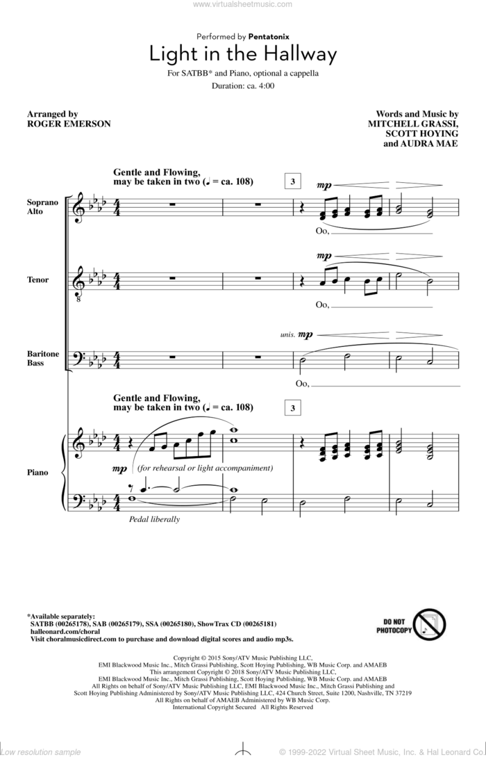 Light In The Hallway (arr. Roger Emerson) sheet music for choir (SATBB) by Roger Emerson, Pentatonix, Audra Mae, Mitchell Grassi and Scott Hoying, intermediate skill level