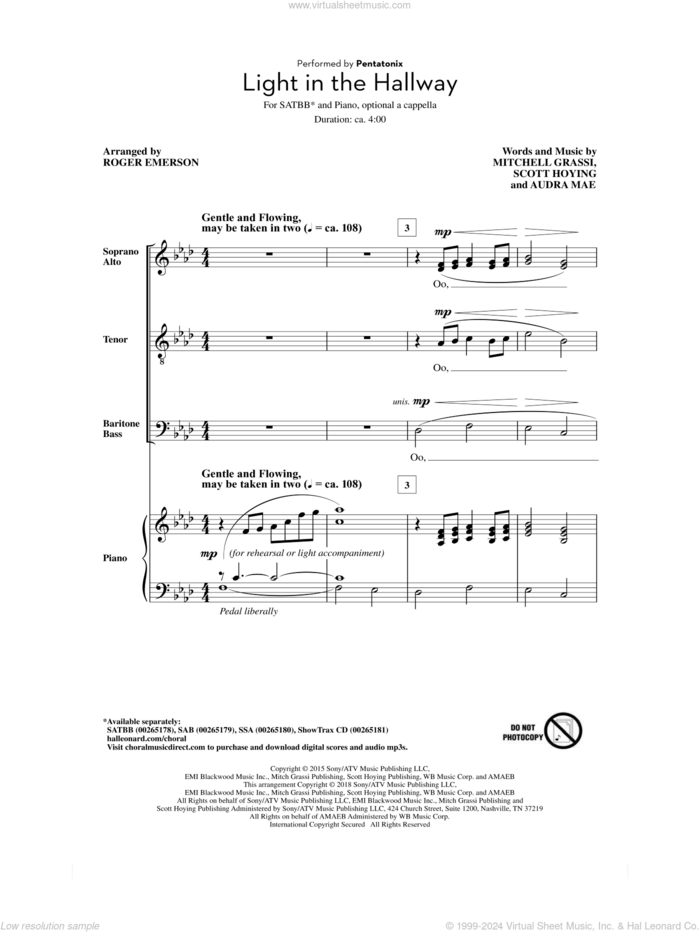 Light In The Hallway (arr. Roger Emerson) sheet music for choir (SATBB) by Roger Emerson, Pentatonix, Audra Mae, Mitchell Grassi and Scott Hoying, intermediate skill level